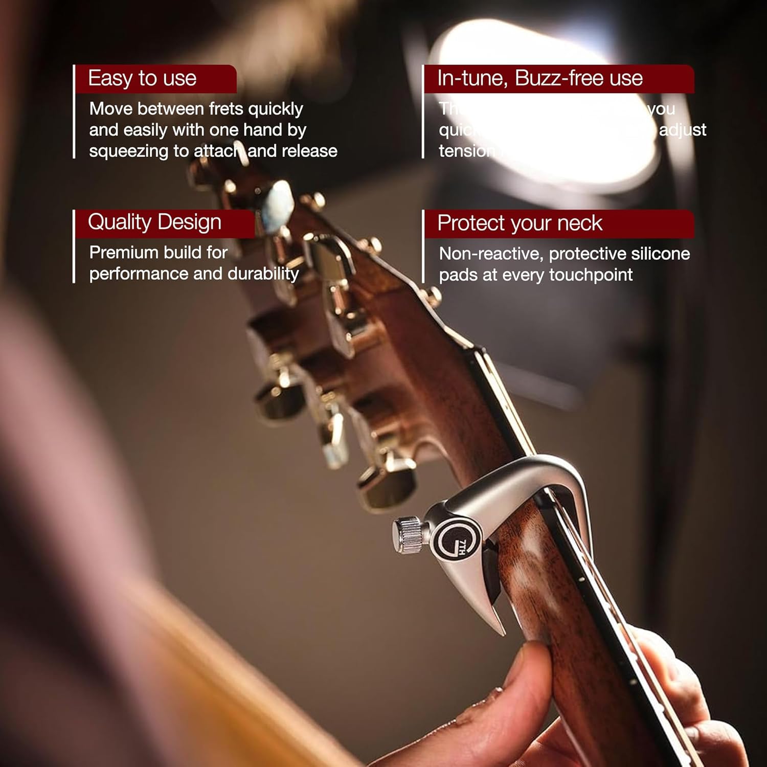 G7th Newport 6 String Satin Black Guitar Capo - Lightweight with Adjustable Tension Control - Protective Silicone Pads - The Perfect Capo Acoustic and Electric Guitar - UK Designed