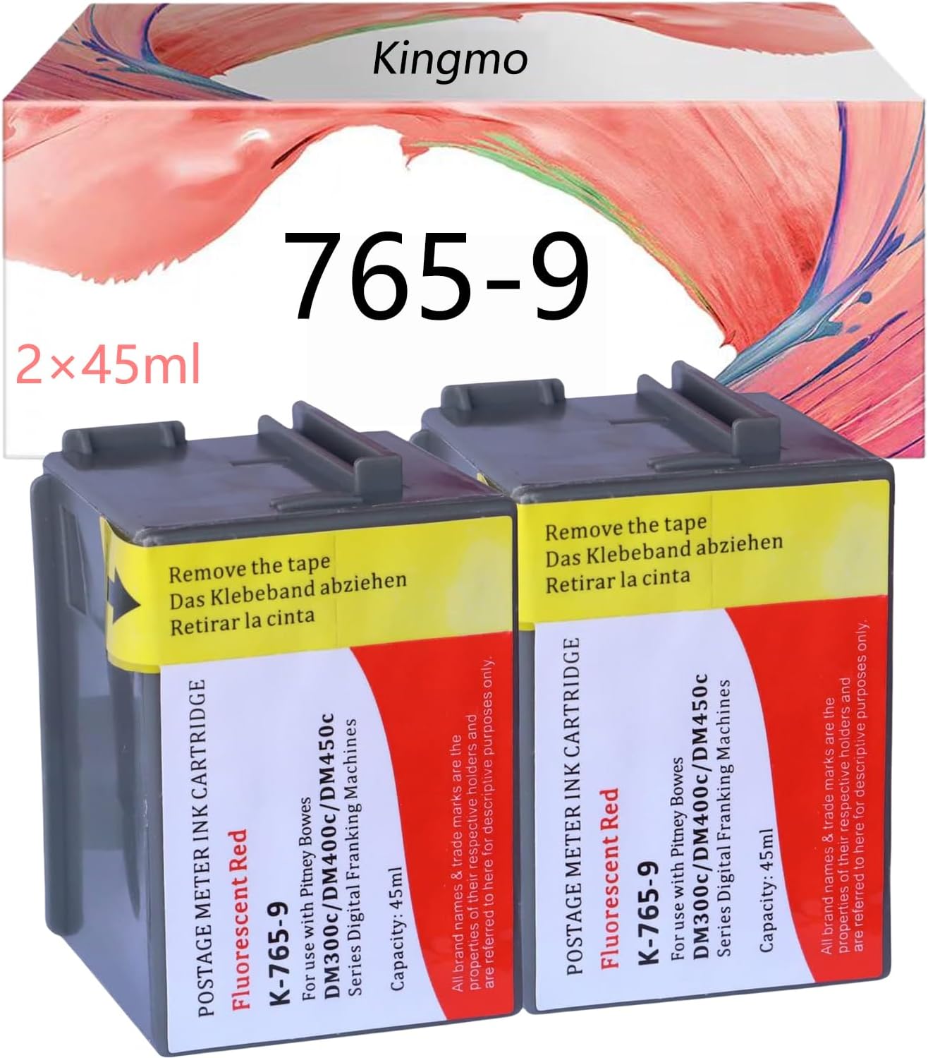 Kingmo 765-9 Fluorescent Red Postage Ink Cartridge : 2 Pack Replacement for Pitney Bowes PB 765-9 Ink for DM300c DM400c DM450c DM475c SendPro Mailstation Postage Meter (2×45ml)