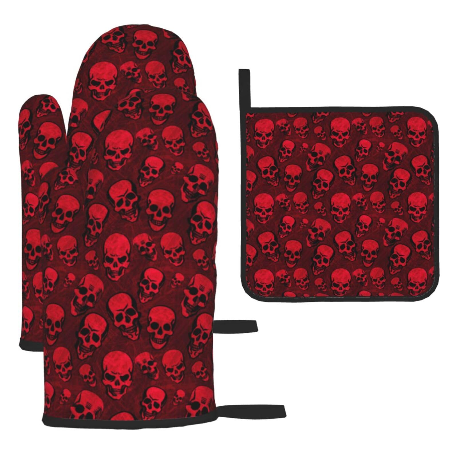 Red Skulls Print Oven Set Kitchen Gloves Baking Grilling Microwaving Cooking Gift Everyday Holiday