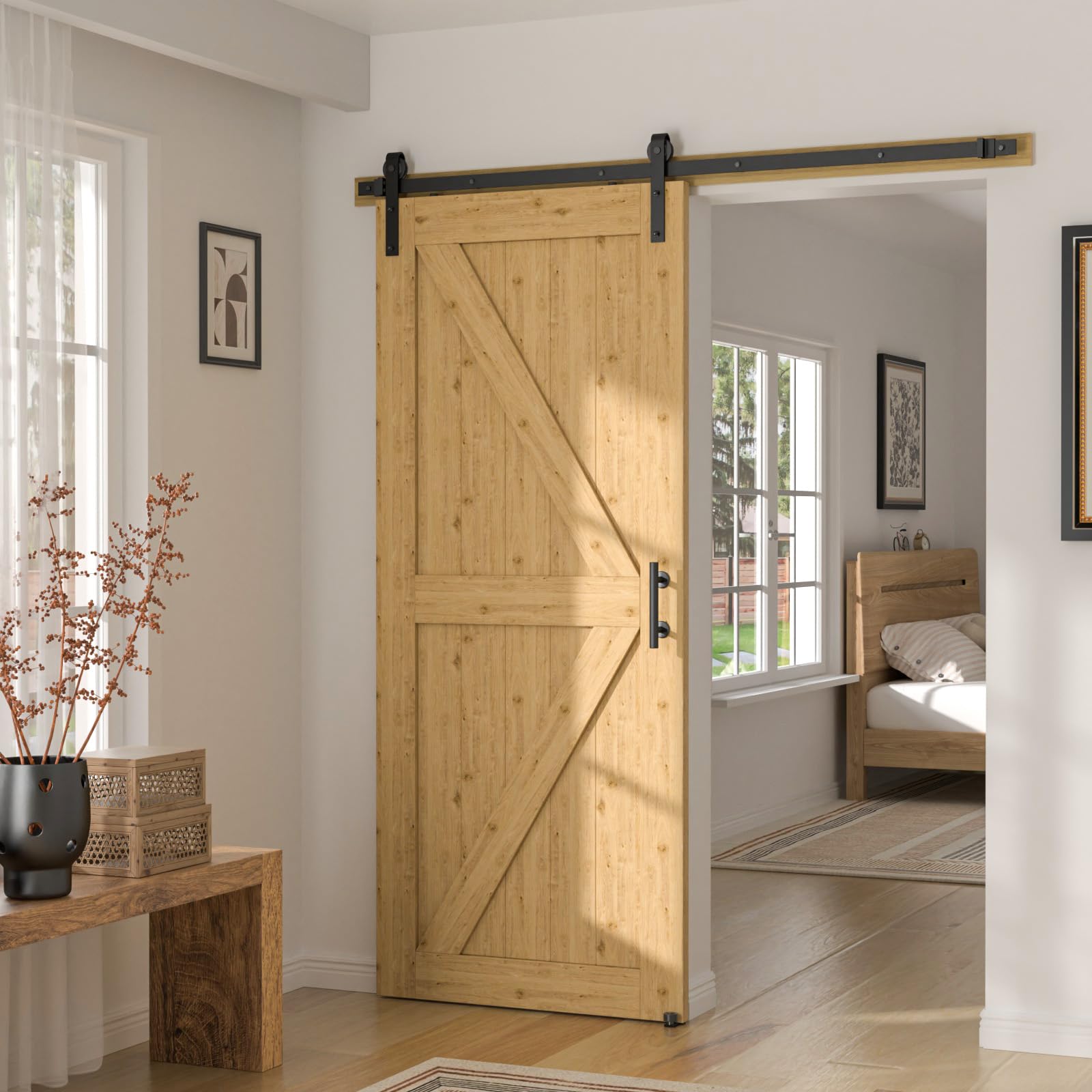 CCJH 200cm Quincaillerie Kit de Rail pour Porte Coulissante avec Guide de Plancher, pour Grange, Poignée