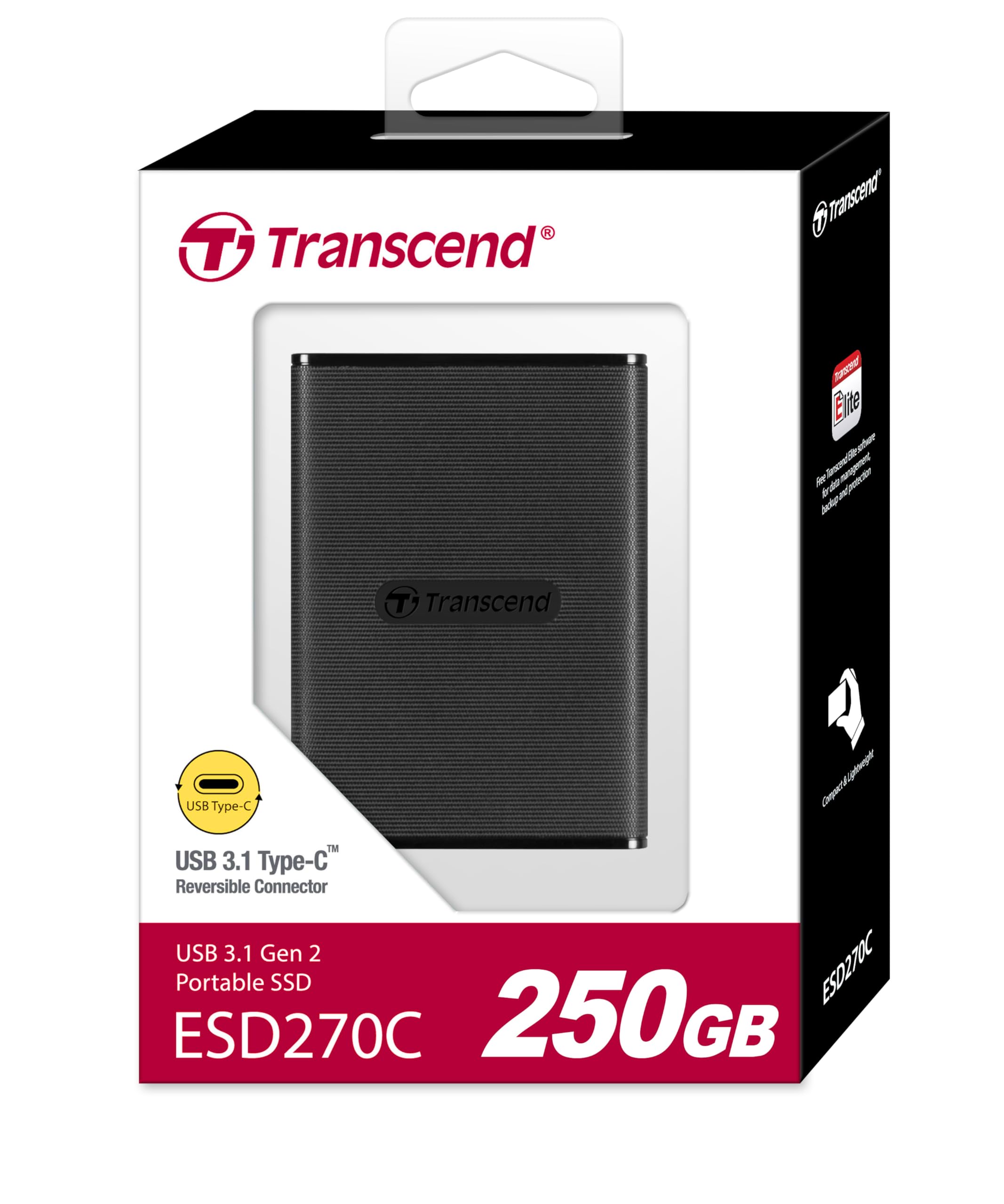 Transcend 250 GB USB 3.2 Type C ESD270C Przenośny dysk SSD do 520 MB/s Czarny | TS250GESD270C