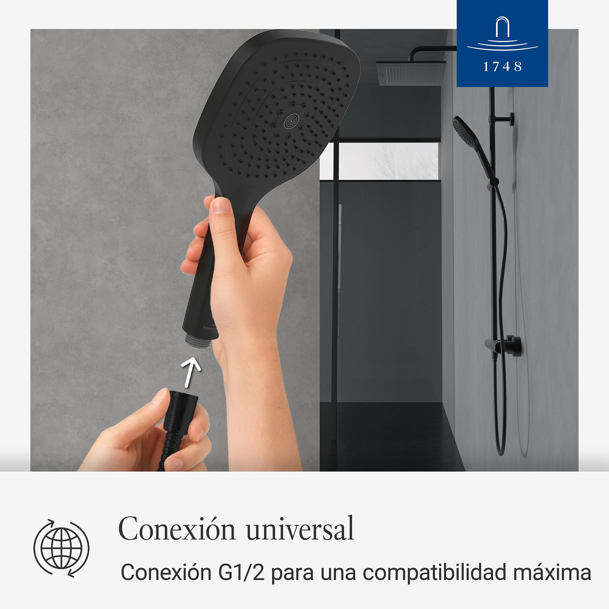 Villeroy & Boch Elody, cabezal de ducha, mango de ducha angular con tres tipos de suministro (Laminar, Massage y Velvet) y botón de modo, EasyClean, conexión universal – Negro Mate | Alcachofa de ducha angular, 3 tipos de chorro intercambiables, EasyClean