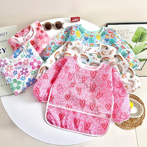 Miniatura 2 de PandaEar Paquete de 5 baberos de manga larga para bebé, babero impermeable de manga completa para bebés de 6 a 36 meses