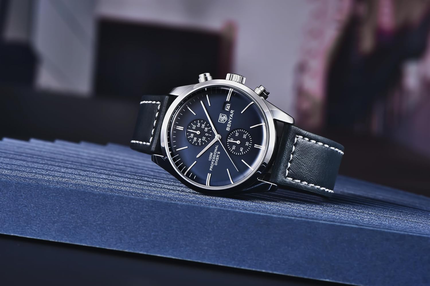 BY BENYAR Mens Watch Waterproof Chronograph Date Watch for Men Leather Strap Quartz Movement Analog Watch Business Casual Gift for Men 5187 Blue image 6 of 9 B0F9X3BDT1