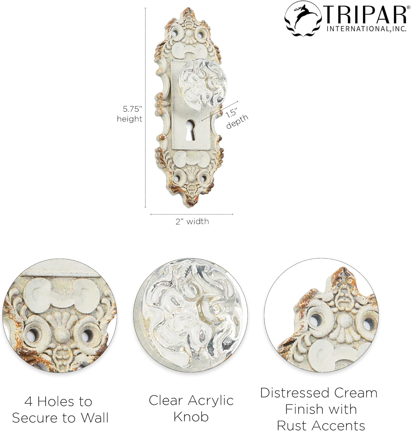 TRIPAR Pewter Antique Wall Hanging Decorative Door Knob, White Display - Vintage Design with Hand Painted Finish, Pewter Metal Backing, & Acrylic - Lightweight & Durable (2 Pack)