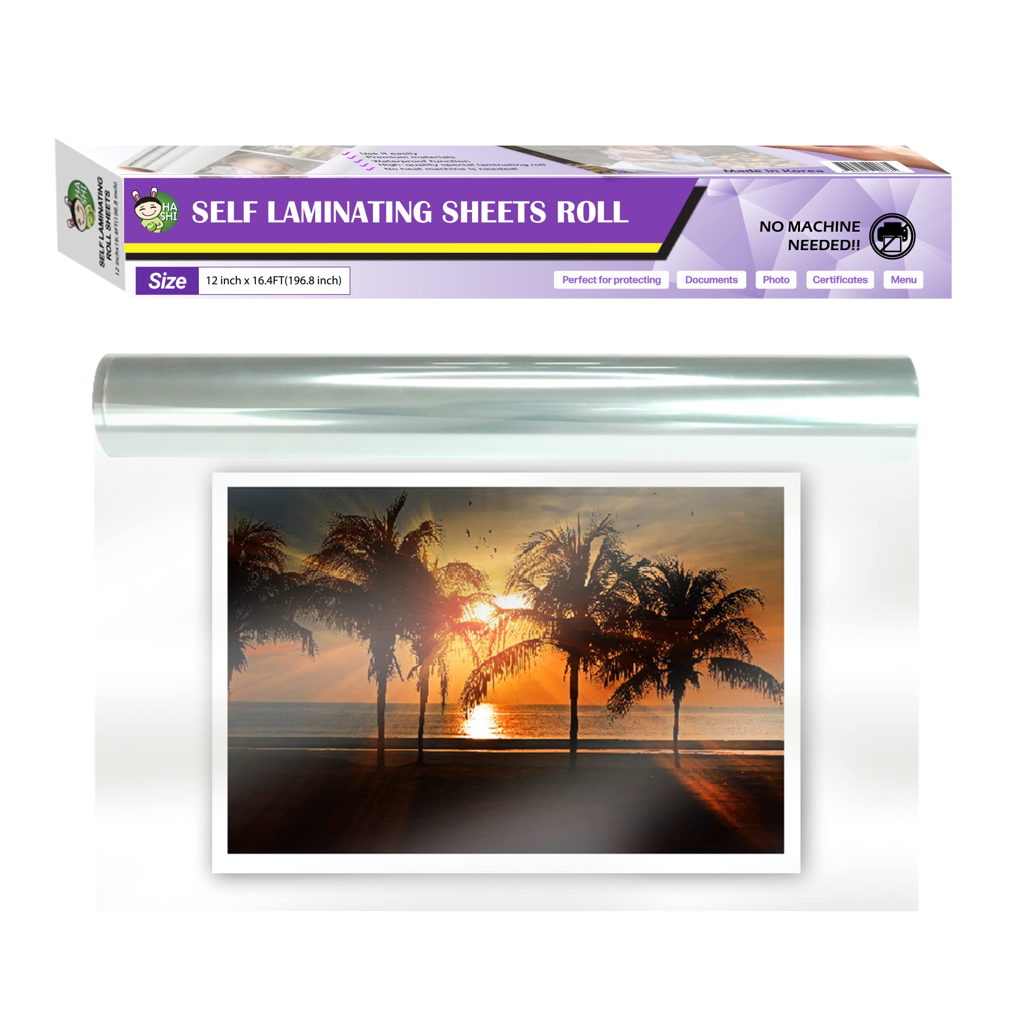 HA SHI Self Adhesive Laminating Roll – 12" x 16.4FT Cold Peel and Stick Lamination, Clear Waterproof Sticker Cover for Documents, Crafts, Labels – No Heat Required