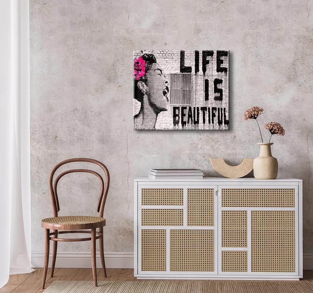 Wieco Art Abstract Giclee Canvas Prints Wall Art Ready to Hang for Kitchen Home Office Decor Banksy Life is Beautiful Large Modern Stretched and Framed Grey Impressionist Pictures Paintings Artwork