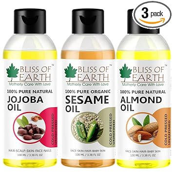 Bliss of Earth Combo of 100% Organic Sesame Oil, Jojoba Oil & Sweet Almond Oil, Cold Pressed & Unrefined, 3X100ml