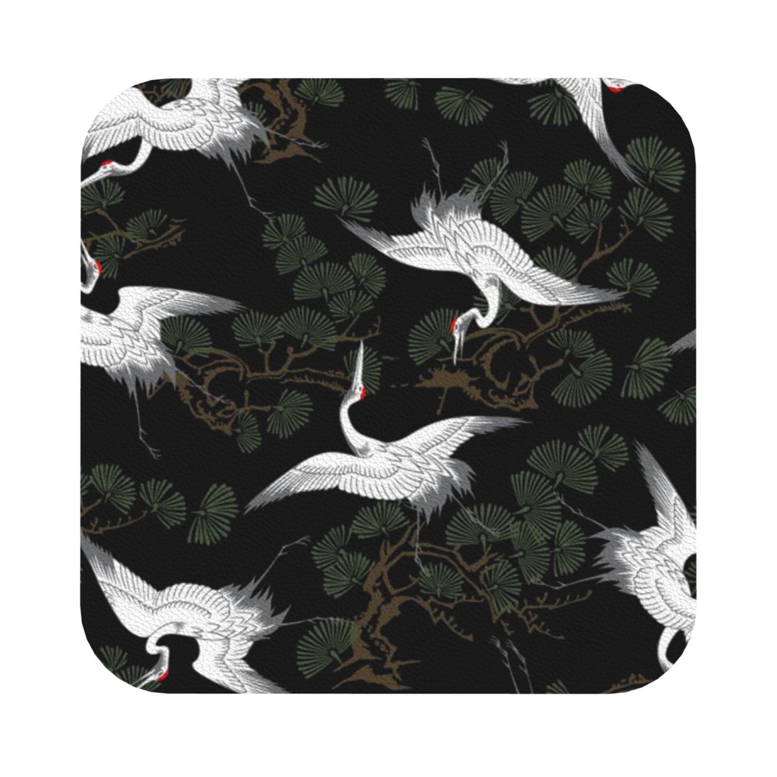 Japanese Crane & Pine PU Leather Coasters Set of 6 Square Drink Coasters