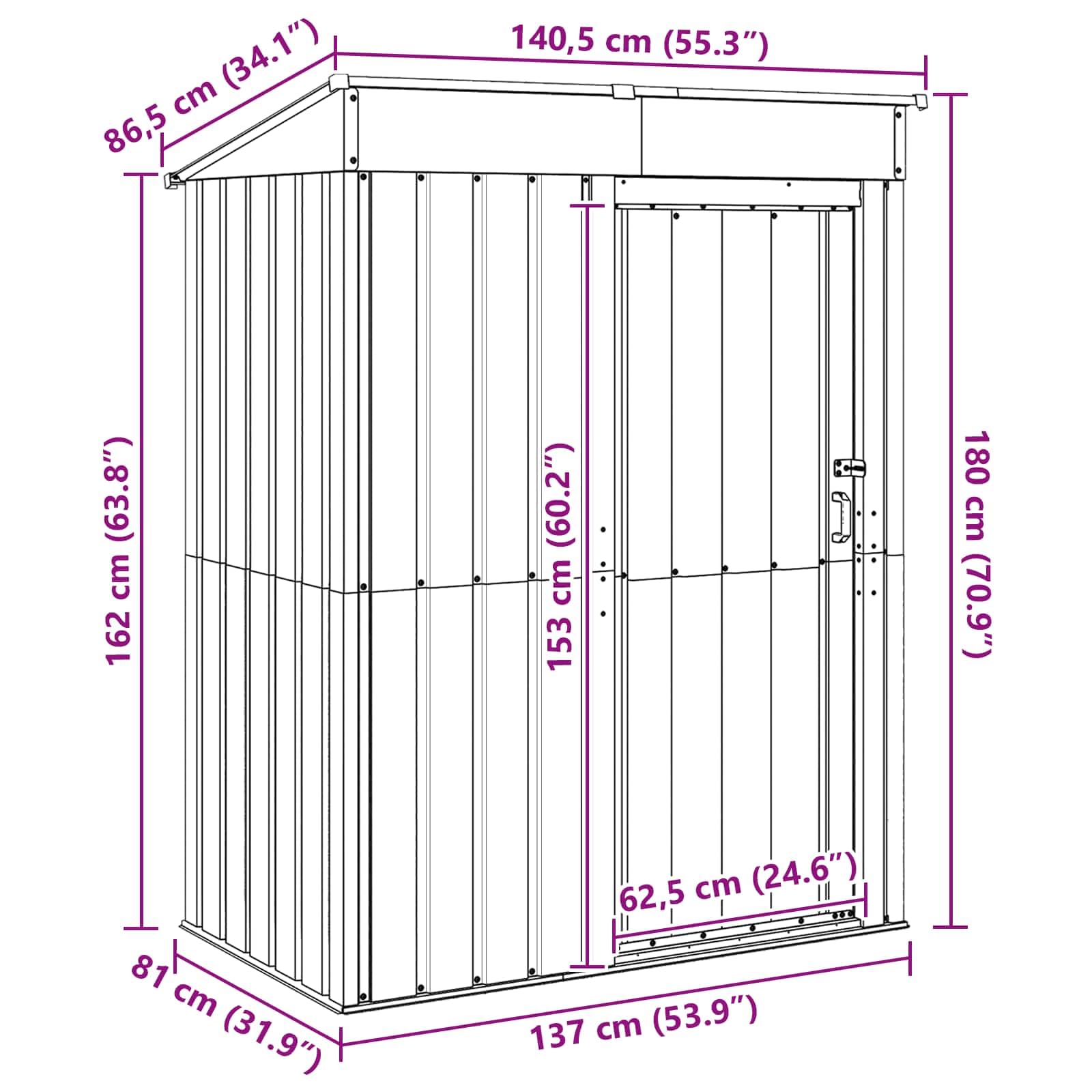 vidaXL Casette da Giardino Antracite 137 x 81 x 180 cm Metallo, Giardino e terrazza, Robusto shed in Metallo, Struttura Rettangolare per riporre Attrezzi, organizzazione Esterna