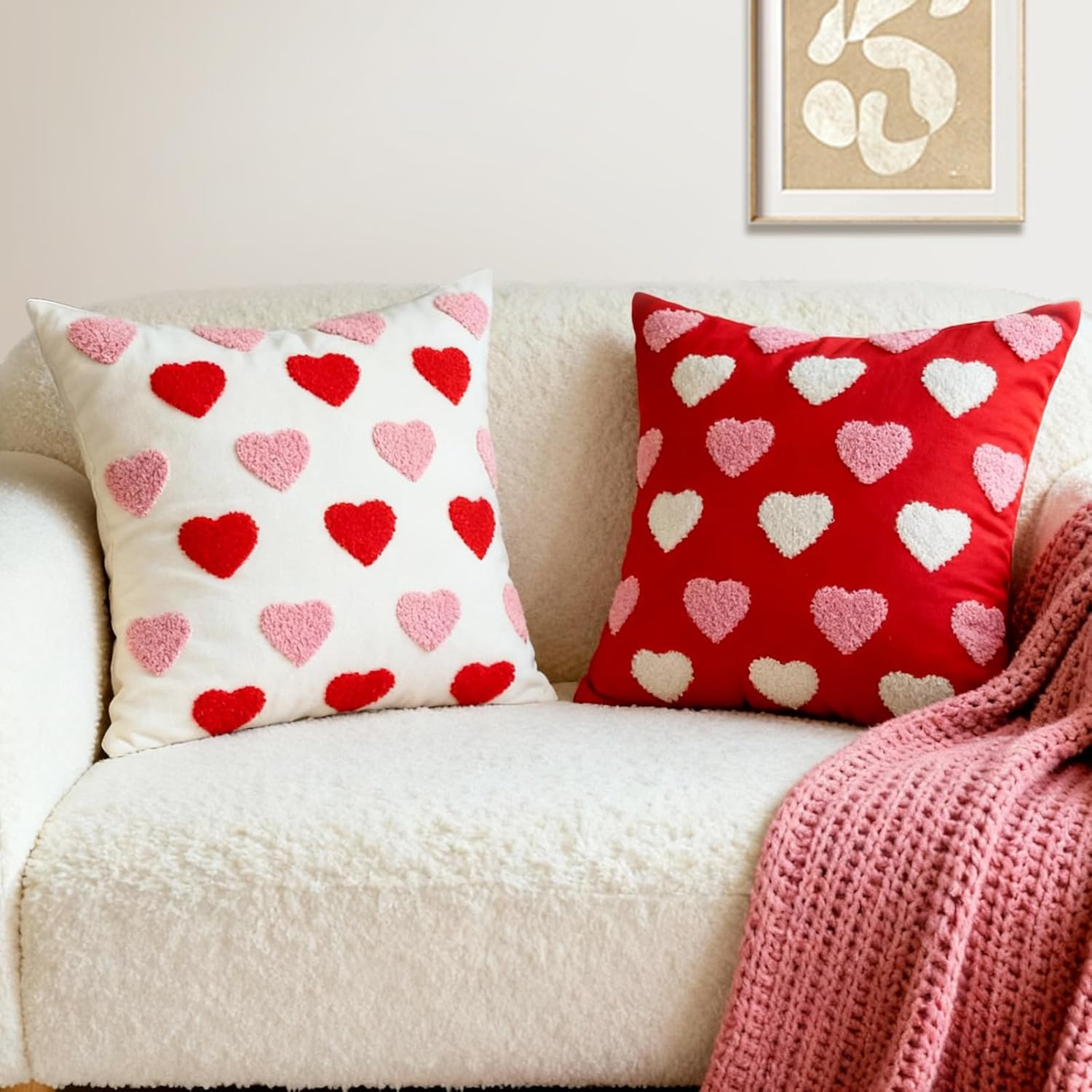 Valentine‘s Day Throw Pillow Covers Set of 2, 18x18 Inch (45x45cm) - White & Red Love Heart Embroidery Decorative Cushion Covers for Couch Sofa Bedroom, Valentine’s Gift for Her, Couples, Anniversary
