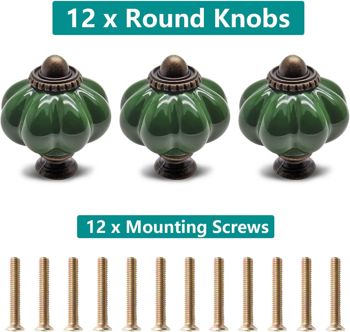 12pcs Dark Green Vintage Ceramic Cabinet Knobs and Drawer Pulls with Mounting Screws