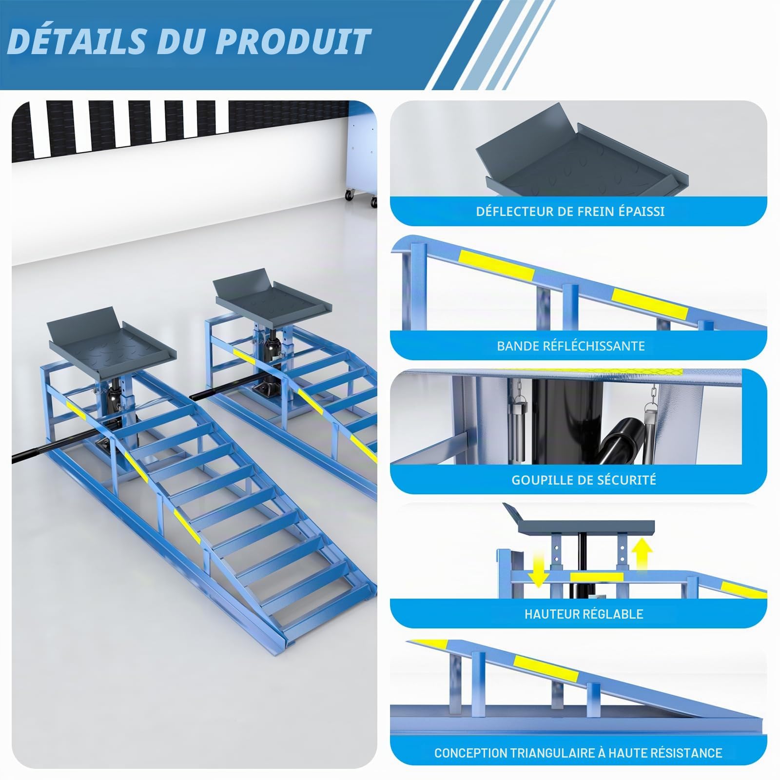 Lot de 2 rampes robustes 5T/5 tonnes, rampe de vidange hydraulique avec bande réfléchissante haute visibilité, hauteur de levage réglable