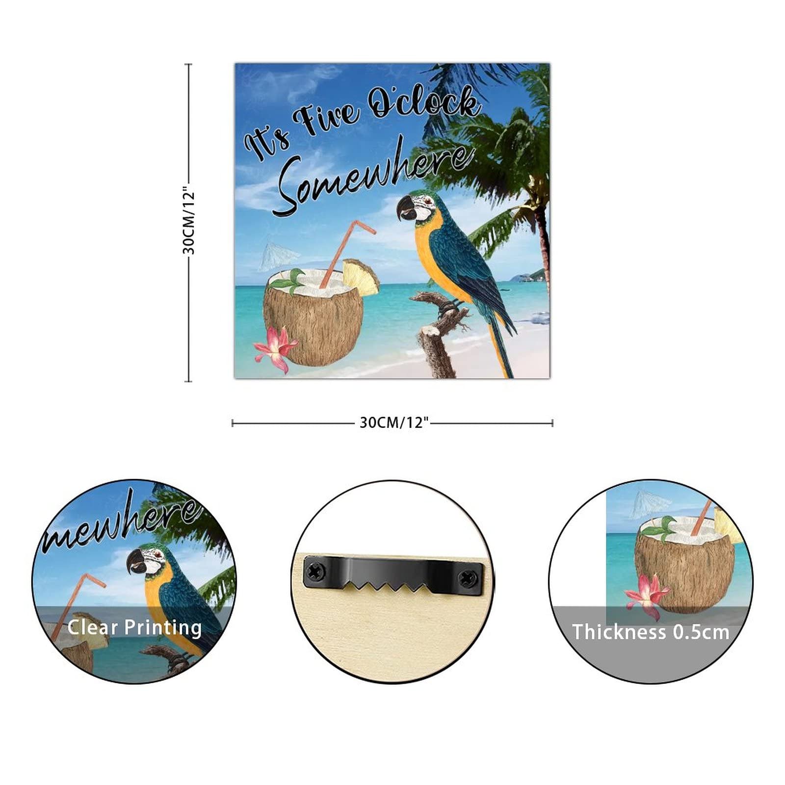Cartello In Legno Tropicale 15x25 Cm Con Scritta "It's 5 O'Clock Somewhere" E Pappagallo, Decorazione Rustica Per Parete, Cucina, Ingresso