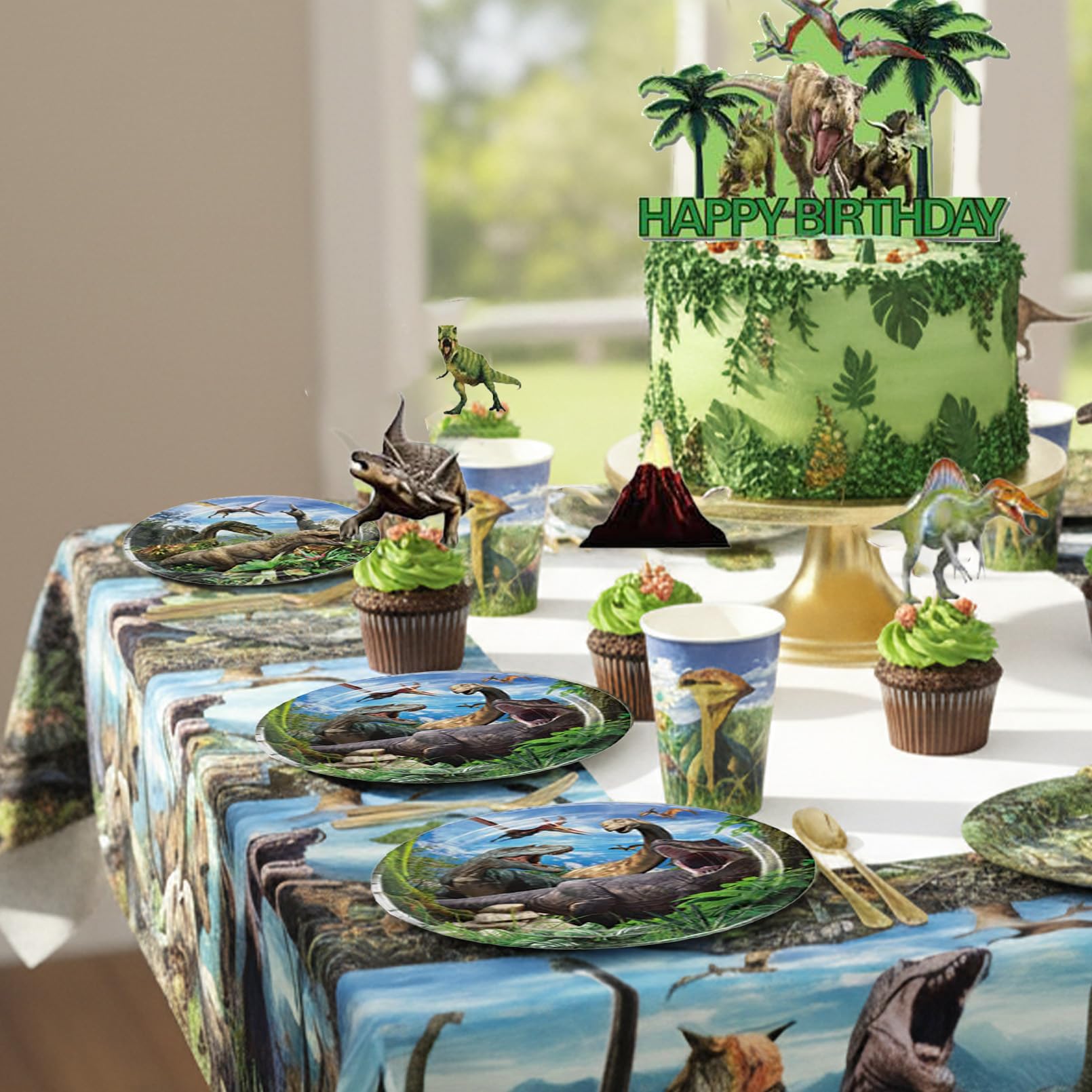 Decorazione Compleanno Dinosauri,83 Pcs Stoviglie Feste Compleanno Dinosauri, Stoviglie Per Feste,Striscione, Tovaglia.