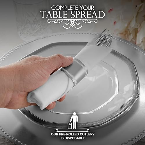 Miniatura 5 de Juego de 100 cubiertos de plástico plateado preenrollados, cubiertos de plástico envueltos individualmente con 100 tenedores, 100 cuchillos, 100