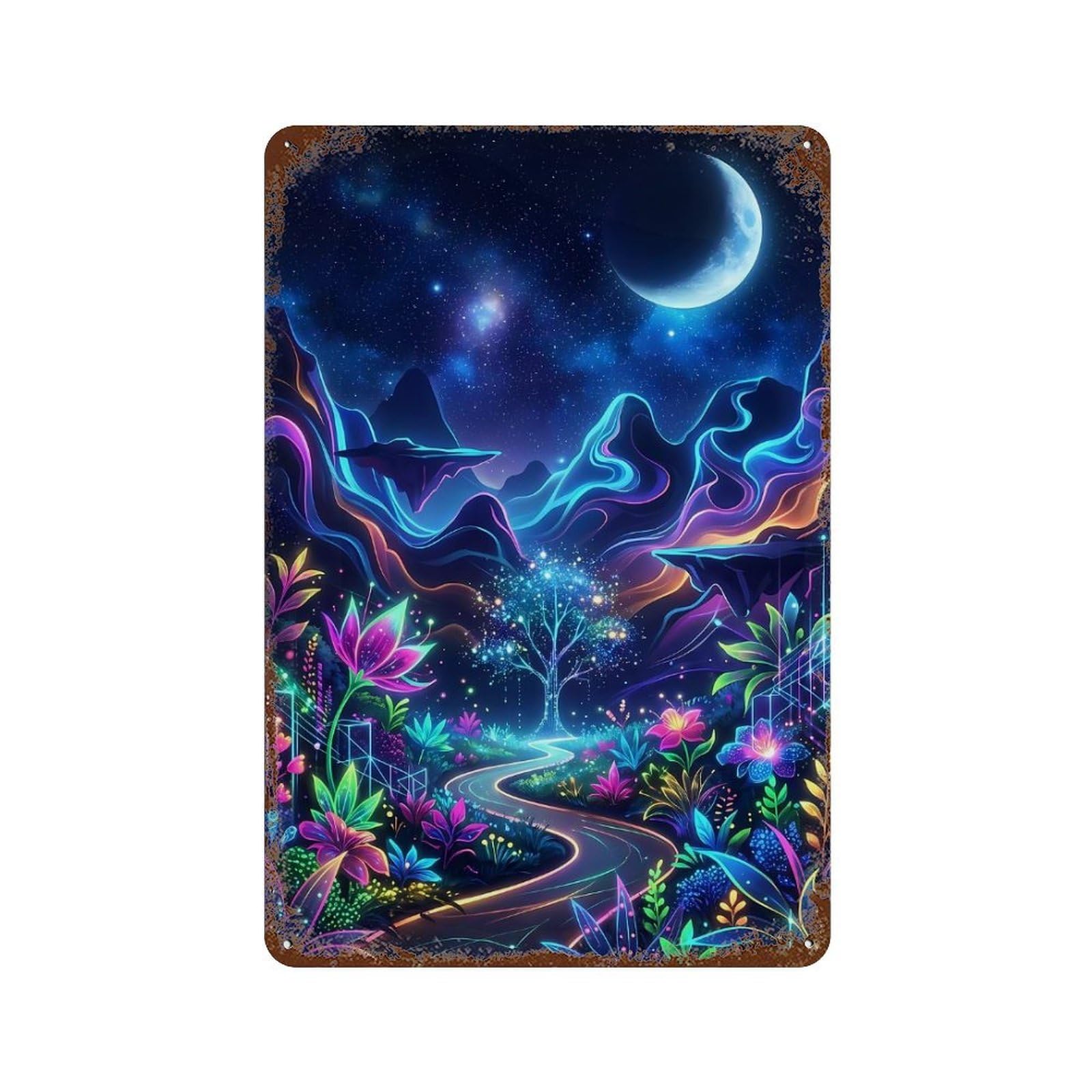 Neon Dreamscape with Moon And Flowers Distressed Metal Wall Sign 11.8"x7.9", Rustic Home Decor for Living Room, Hallway And Home Decor