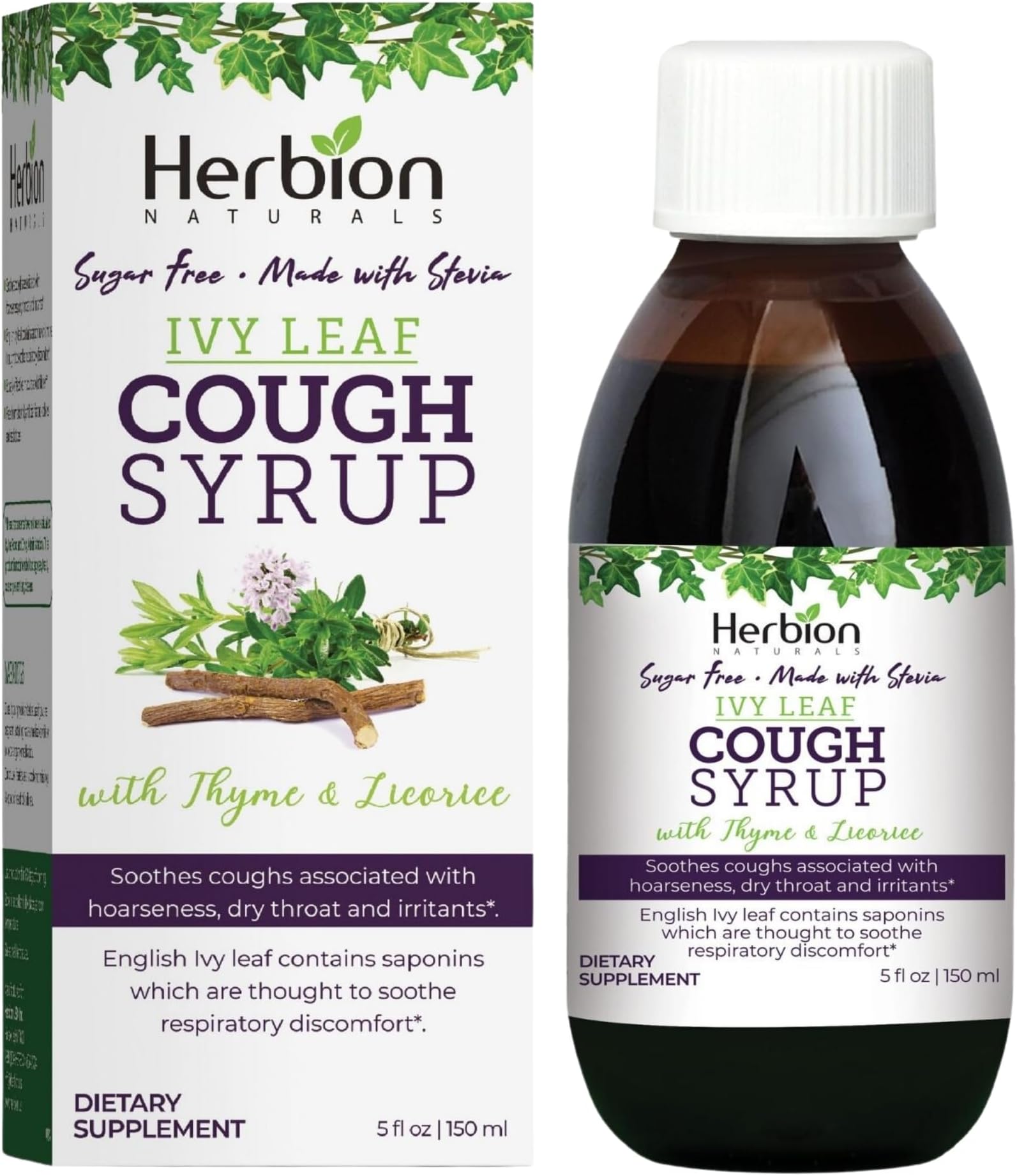 Herbion Naturals Ivy Leaf Cough Syrup, Sugar-Free with Stevia - Soothes Throat, for Adults, Kids 13 Months and Above, 5 FL Oz