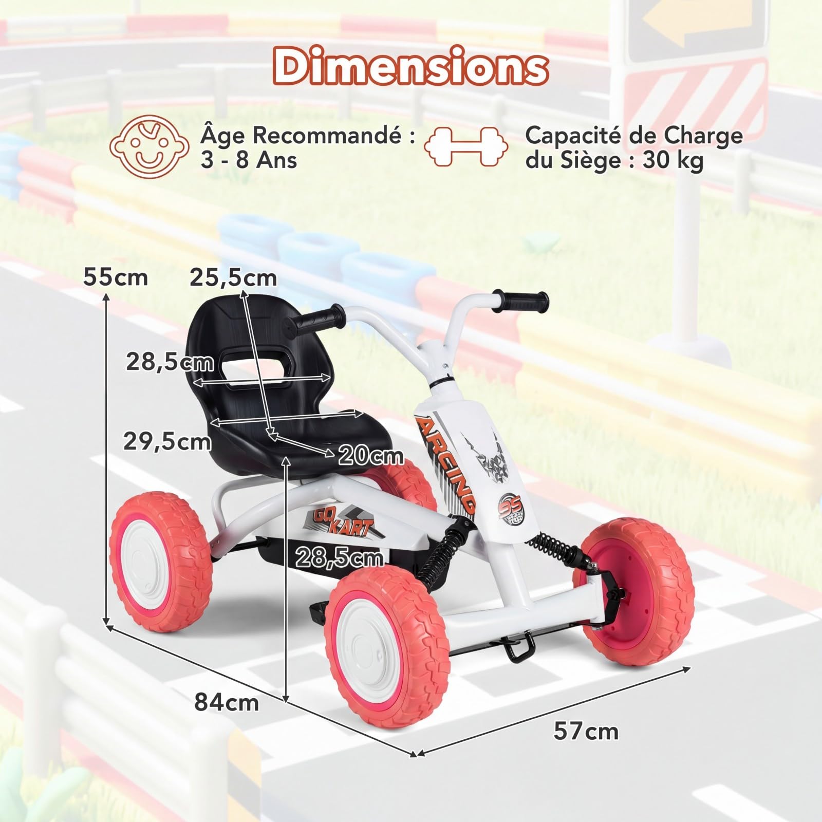 DREAMADE Kart à Pédales pour Enfants avec Siège Réglable 2 Positions, 4 Roues Résistantes à l'usure, Angle de Sécurité Limité, Karting Enfant pour Garçons et Filles de 3+ Ans, Charge 30 kg (Blanc)