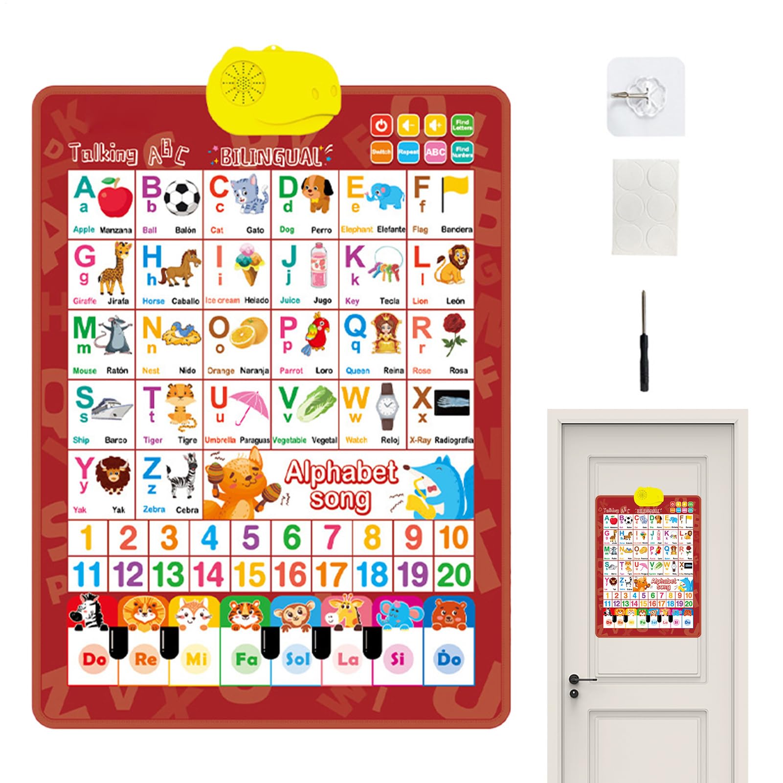 Talking Wall Charts for Kid, English Spanish Bilingual Learning Poster, Interactive Electronic Alphabet Toy, with Piano Songs Game, for Ages 1-6 Children Kindergarten School Nursery Playroom