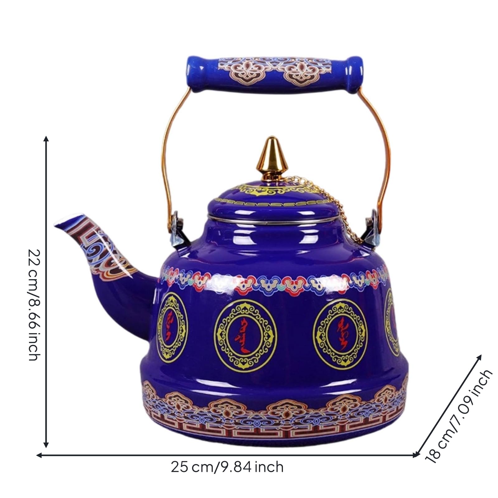 perfeclan Tetera de Esmalte Hervidor Jarra Recipiente para Bebidas con Mongoles y Dorados Cuerpo Amplio y Vertido Estable Adecuada para Infusiones Servicio de, 1.7 Litros