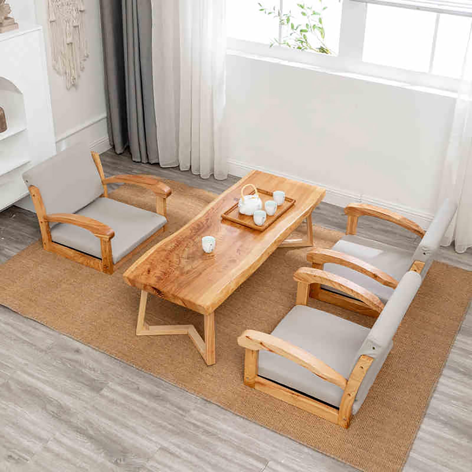 Chaise de Sol en Bois avec Dossier et accoudoirs,Chaise Tatami Japonaise sans Pieds avec Coussin,Chaise Basse Vintage pour Balcon,Salon,Chambre(Wood, Gray)