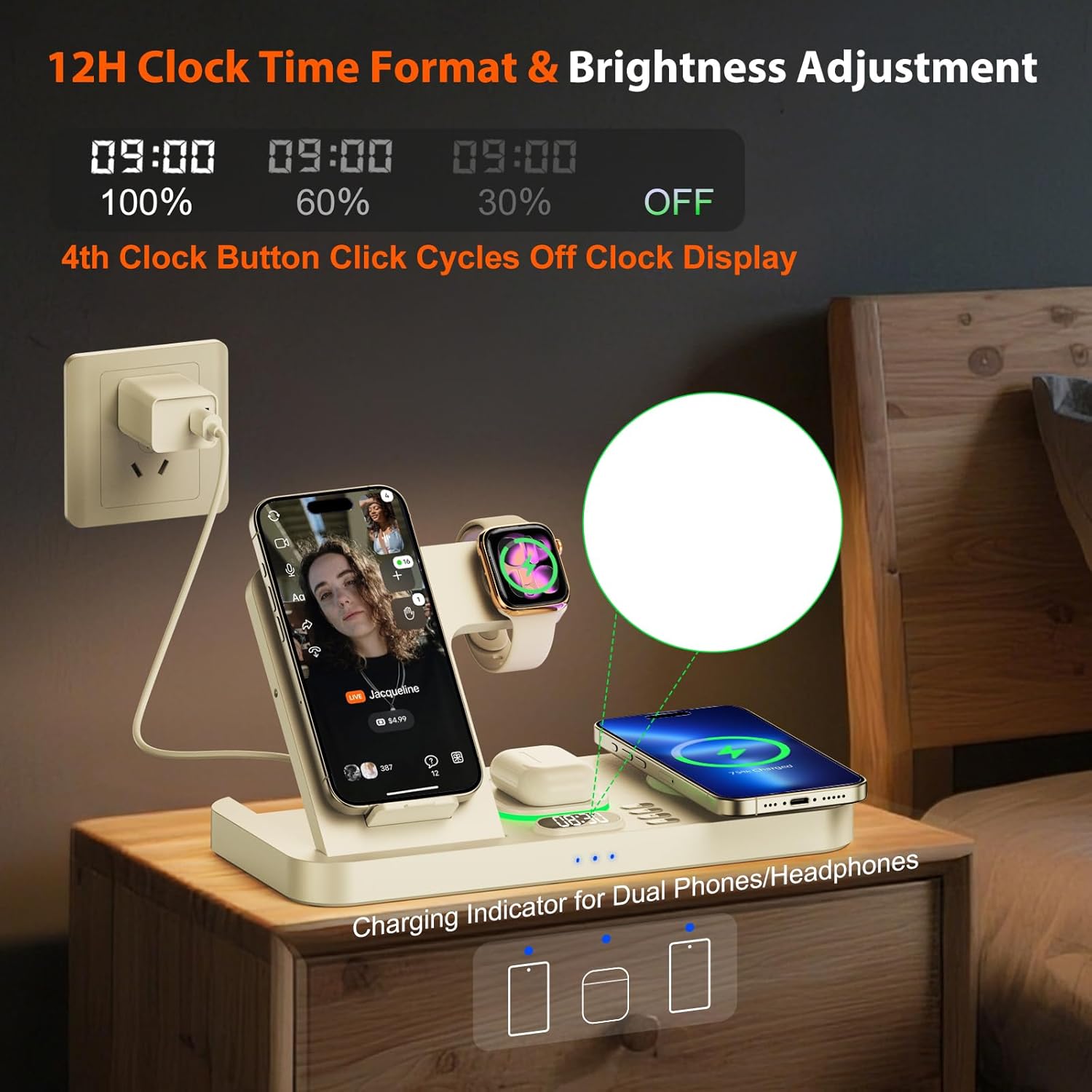 Dual Phone Magnetic Wireless Charging Station for Apple Ecosystem, Wireless Charging Station for Apple Devices with Auto Switch 7-Color Light & Clock, for iPhone 17, for iwatch 10 (Vermilion)