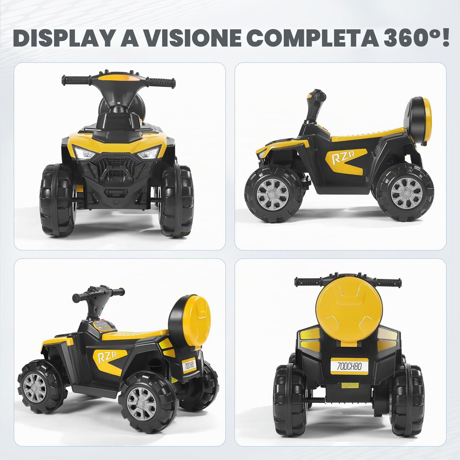 Quad Elettrico per Bambini 6V – Veicolo Cavalcabile Giallo con Musica e Vano Portaoggetti – Grandi Ruote Antiscivolo per la Stabilità – Autonomia 60 Minuti – Carico Massimo 50 kg