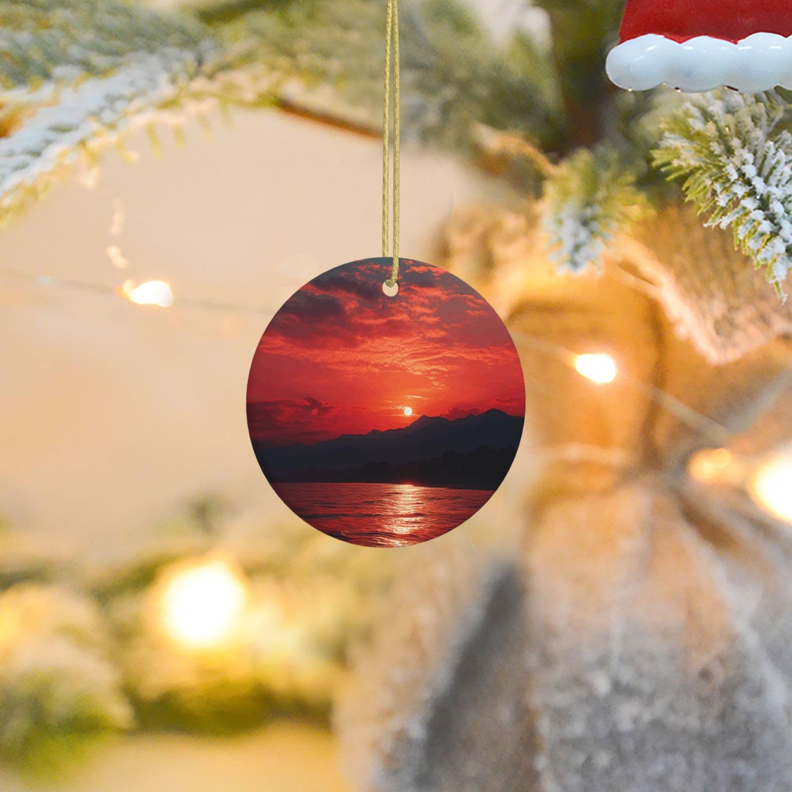 Christmas Tree Ornaments Ceramics Christmas Round Decorations Fiery red Sunset Ceramics Ornaments Circle Pentagram Xmas Tree Hanging Pendant for Christmas Tree Party Holiday Home Decor