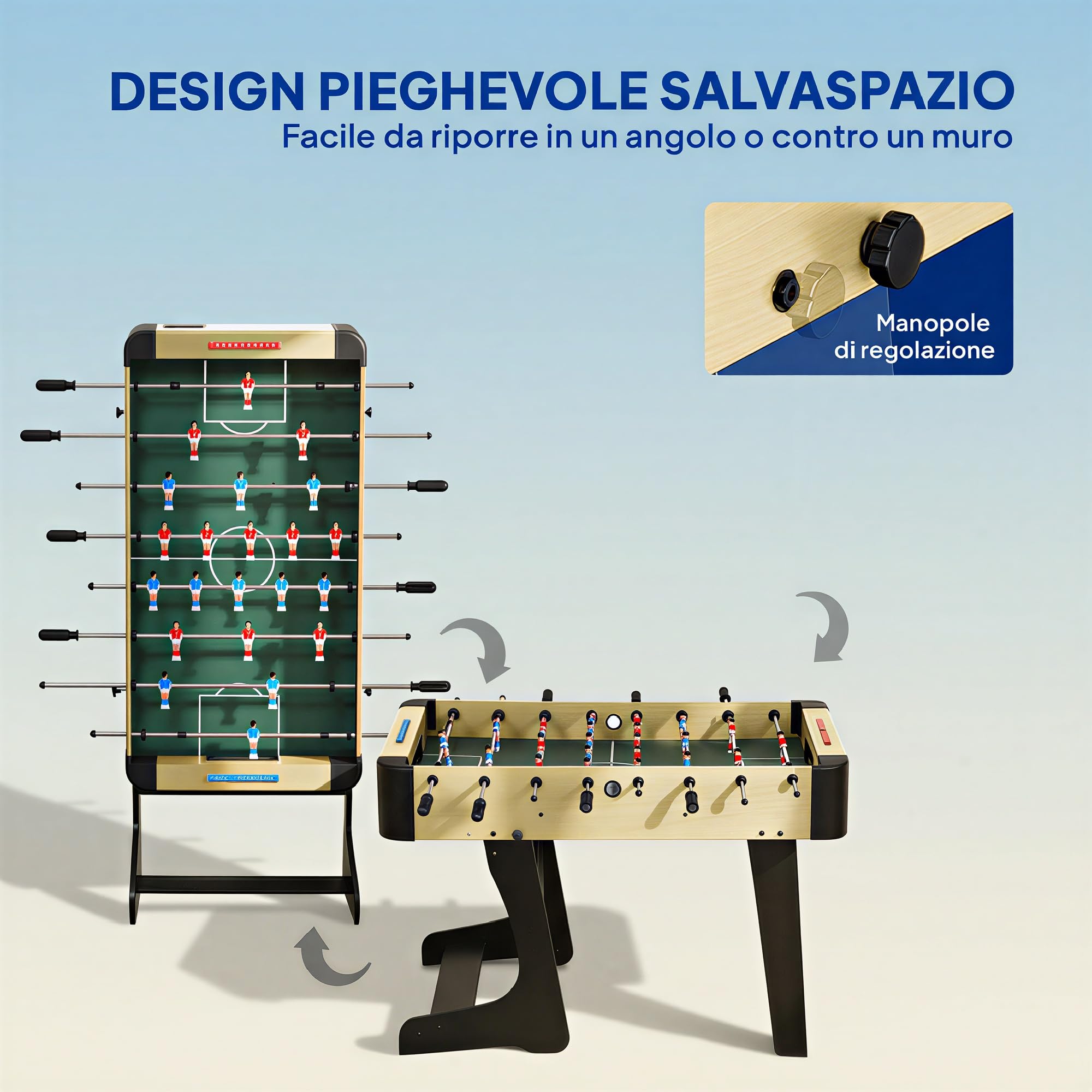 SPORTNOW Calcio Balilla Pieghevole per Casa 118x107.5x78 cm Color Legno | Maniglie Antiscivolo, 8 Aste, 22 Giocatori, 2 Palline, Segnapunti, Biliardino per Bambini Adulti Scuola Ufficio Feste