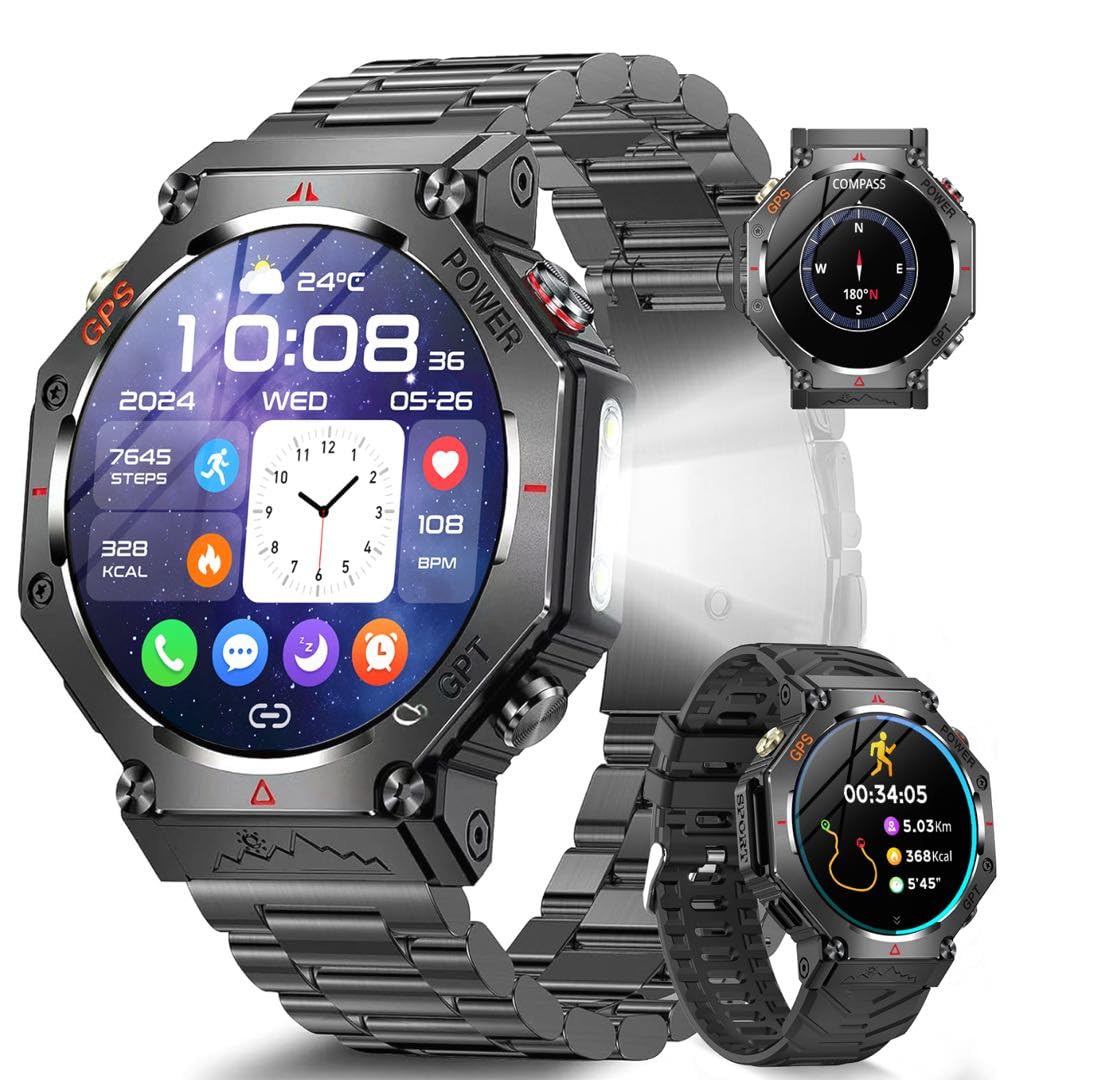 2026 AI Smartwatch Uomo con GPS/Altezza/Pressione Sanguigna/Torcia LED | 1.39''Orologio Smartwatch con 530mAh/Chiamata,3ATM Impermeabile 110+Modalità Sport Cardiofrequenzimetro SpO2 per Android iOS