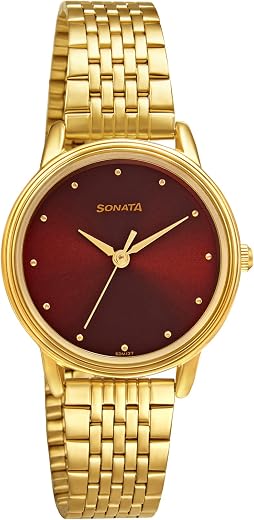 Sonata Gold Edit Maroon Dial Gold Stainless Steel Strap Watch for Women - NT8175YM03