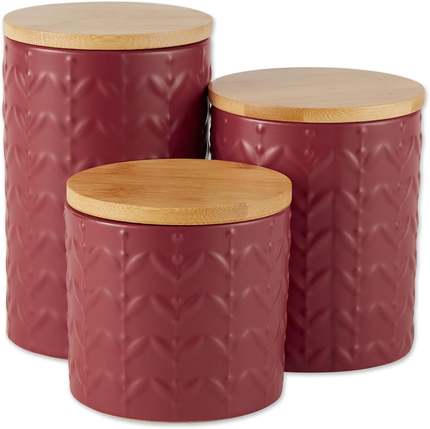 DII Kitchen Accessories Collection, Textured Matte Ceramic Canister Set, Barn Red, Vine, 3 Piece