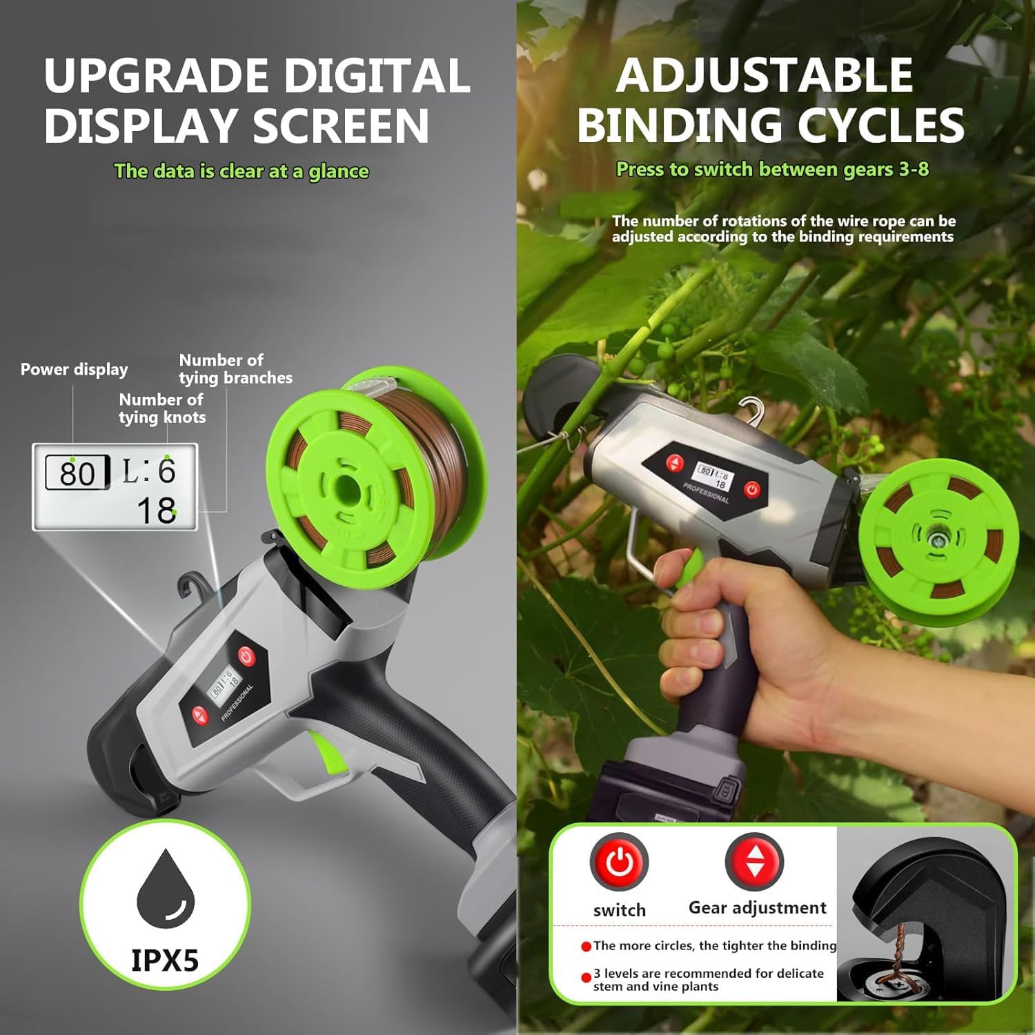 Legatrice elettrica per impianti con regolazione a 6 velocità, strumento di legatura per giardino, fattoria, viti