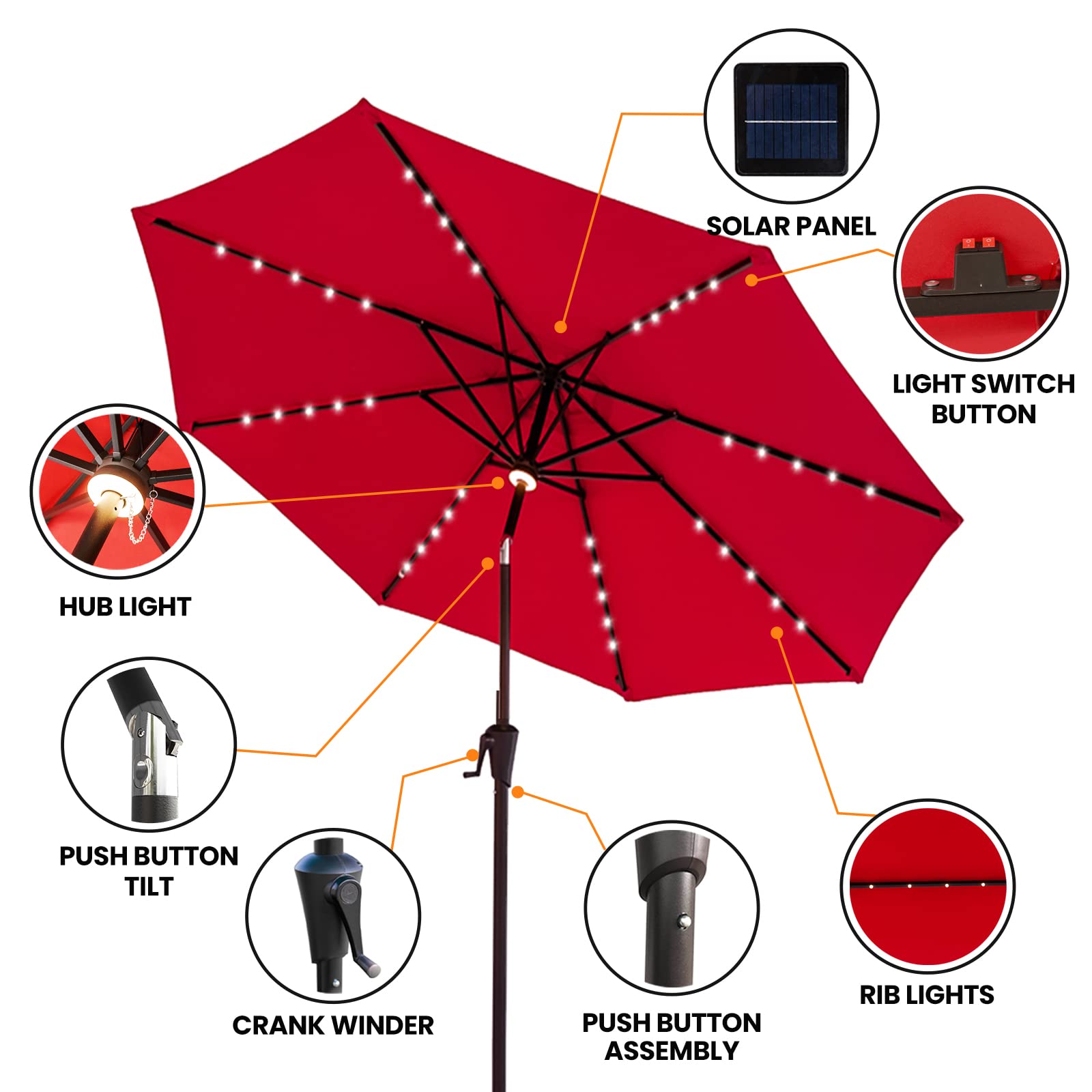 FLAME&SHADE 11 ft Solar Powered Outdoor Market Patio Table Umbrella with LED Lights and Tilt, Red