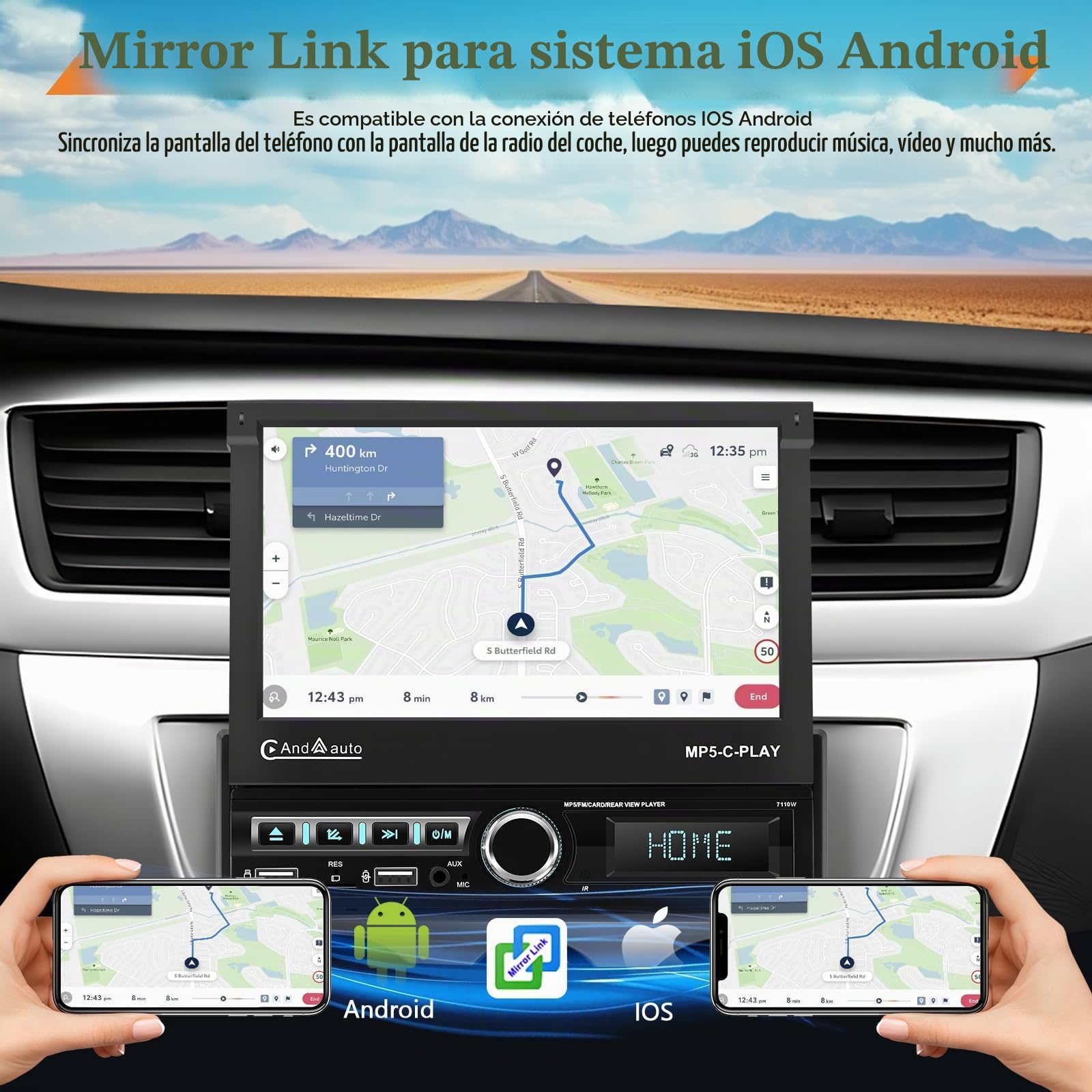 Radio Coche 1Din con Carplay inalámbrico Android Auto Pantalla Extensible Manual de 7'' Pantalla táctil Radio de Coche 1din con Bluetooth/FM/RDS Radio/SWC/EQ/2 USB/Mirror Link + Cámara Trasera