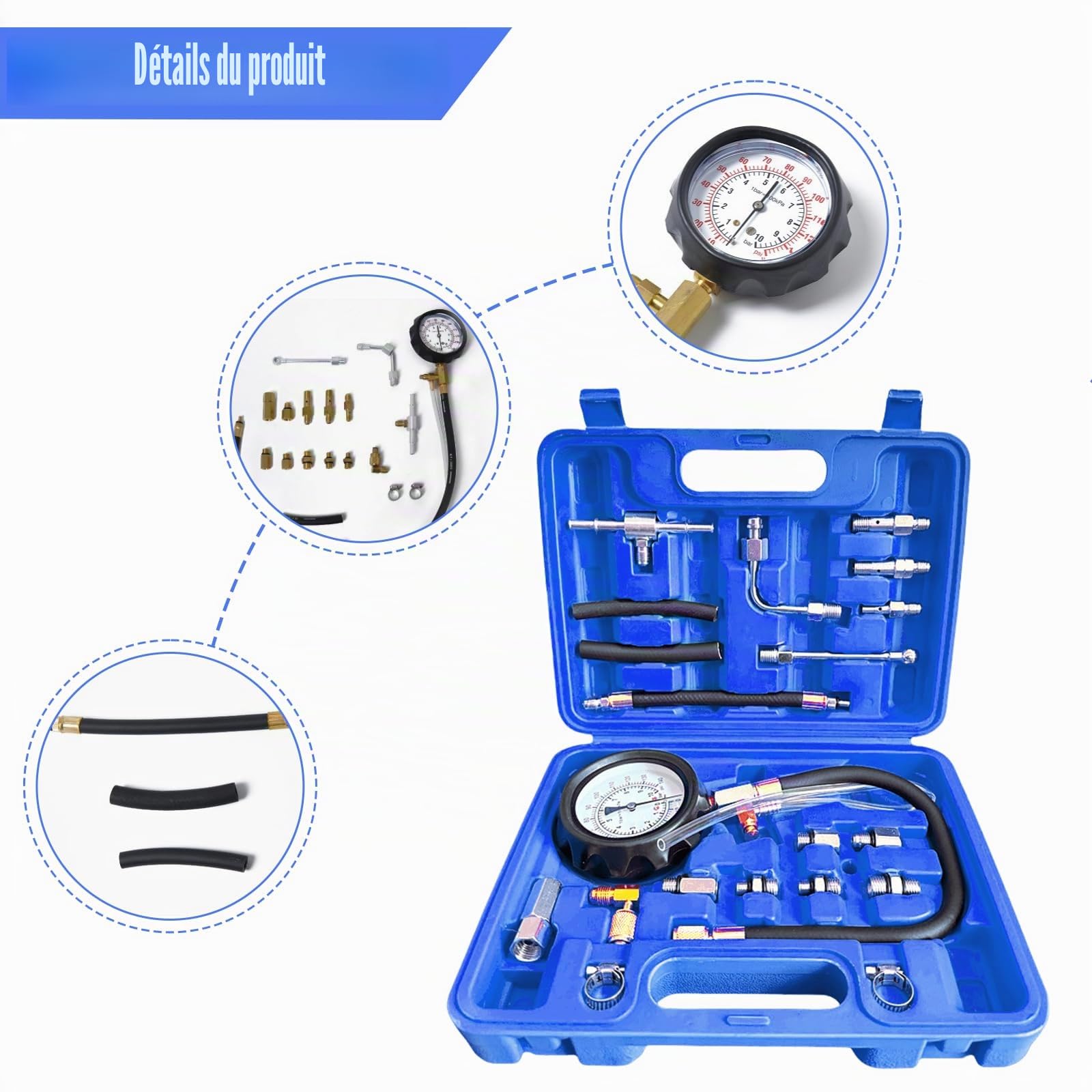 0-140 PSI Manomètre de carburant : Kit de testeur de pression de carburant TU-114, pompe d’injection de pression, testeur de pression pour essence, auto, camion, moto, outil de diagnostic, détection