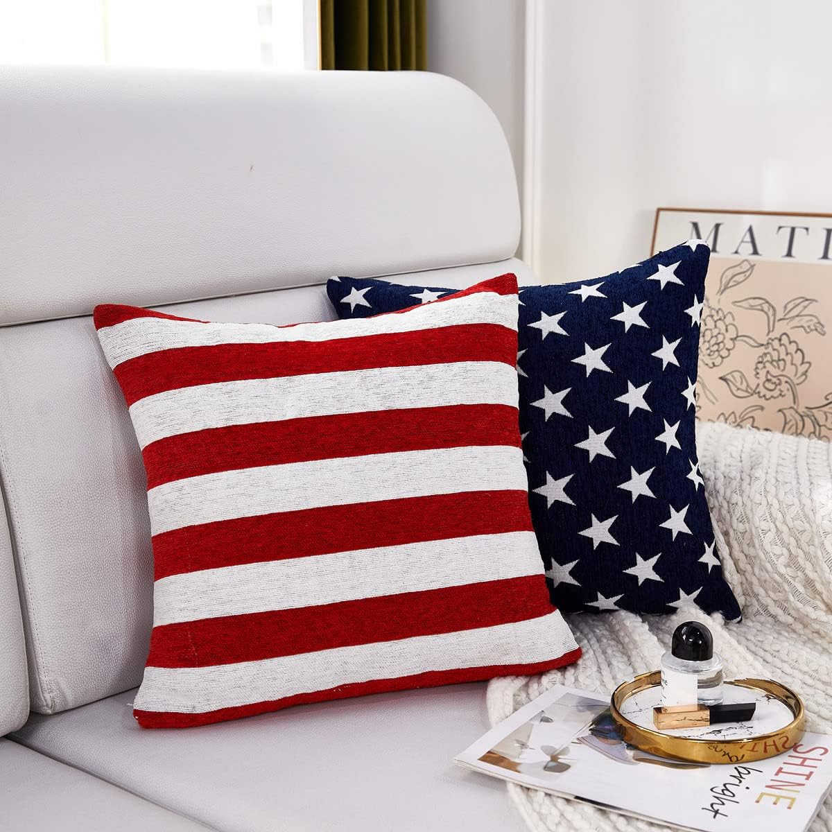 Sunday Praise Set of 2 Soft Chenille Decorative Patriotic Throw Pillow Covers July 4th Stripe Accent Square Cushion Cover Case Sham for Couch Sofa Bed Car 24 x 24 Inch 60x60cm (Red and White)