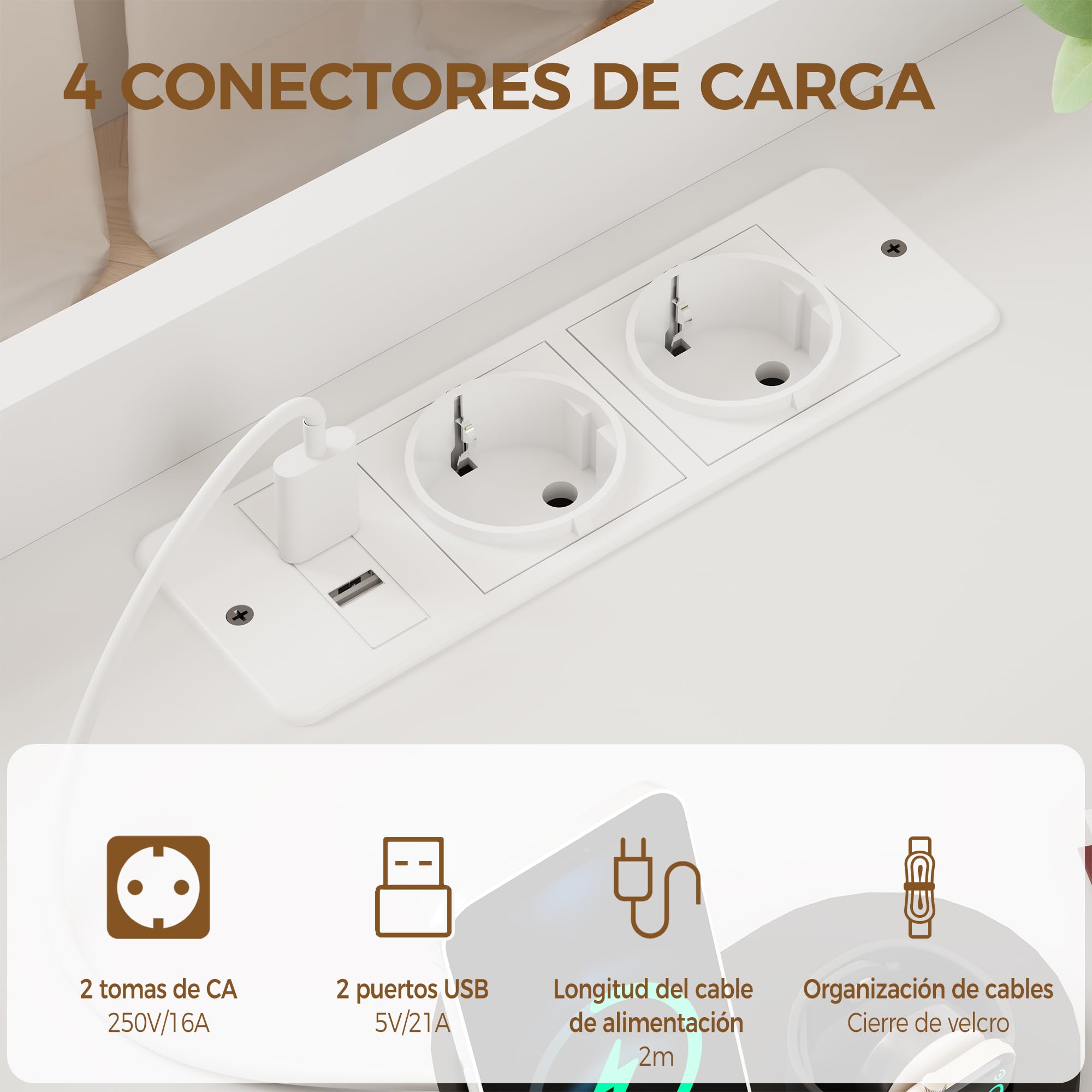 BEWISHOME Juego de 2 Mesitas de Noche,con Compartimento Oculto,con Luces LED y Estación de Carga Mesas Auxiliares(2 Tomas AC 2 Puertos USB),para Salón,Dormitorio (Blanco) EFCG02W