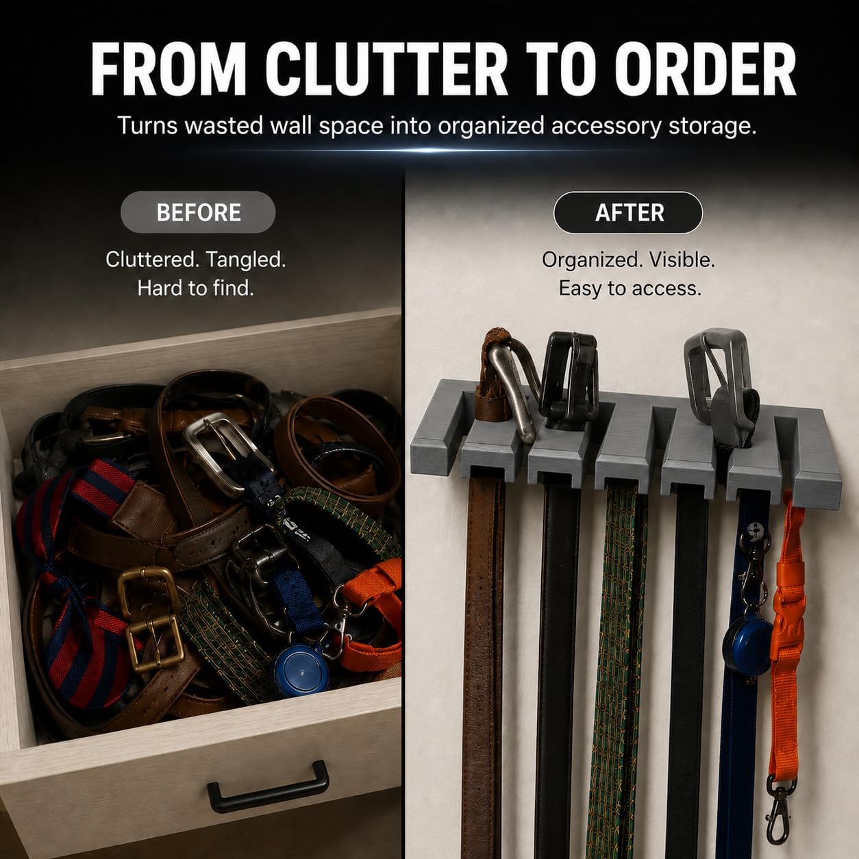SplashNColor Wall Mounted Belt Organizer – Space-Saving Belt Hanger Rack with Multiple Slots | Screw-in Mount for Secure Hold | Closet Storage Hook for Ties Scarves and Accessories