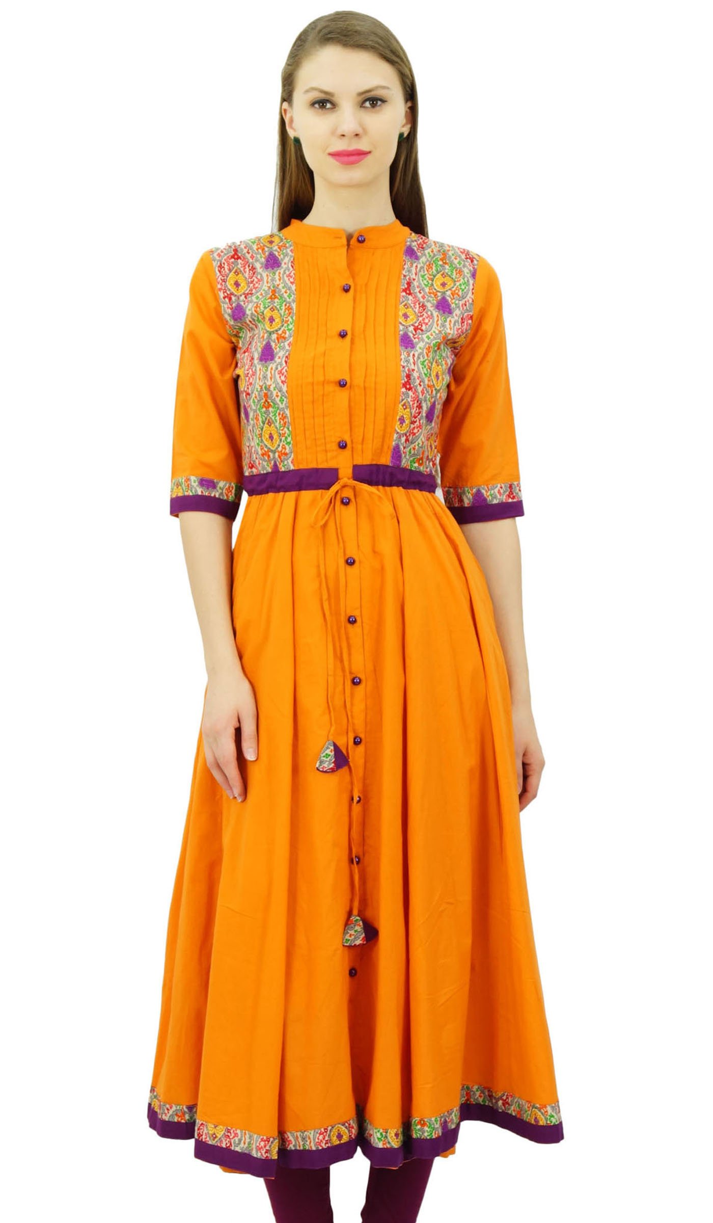 Bimba Women Anarkali Kurti Long Flared Tunic Cotton Kurta Indian Ethnic Blouse Orange