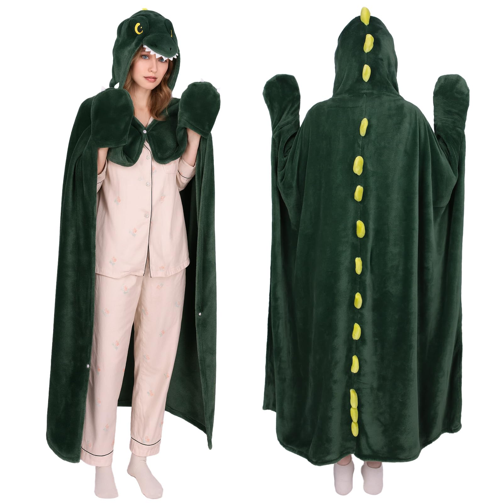 MSISILY Coperta con cappuccio indossabile da donna, morbida mantella avvolgente in pile e felpa con cappuccio Sherpa, Dinosauro Dreen, 160X130 cm