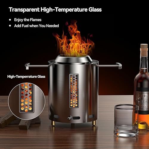 Miniatura 2 de Fogata de mesa con vidrio transparente, hoguera de mesa sin humo con cenicero extraíble y asas resistentes al calor para camping, H 9" x D 6.6", 4.3