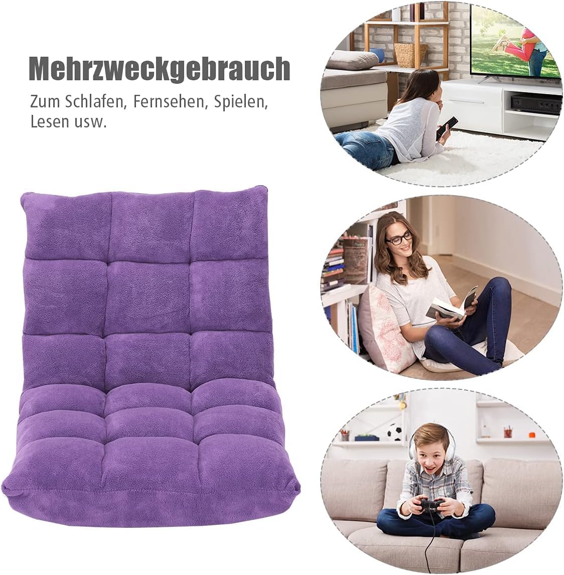 FANTASK Silla de Suelo con Respaldo Ajustable, Acolchado, cojín de Suelo, Plegable, Color Morado