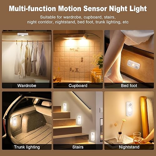 Miniatura 7 de Paquete de 4 luces LED con sensor de movimiento, regulables e inalámbricas, 90LM 3500K luces nocturnas blancas cálidas, diseño portátil con batería