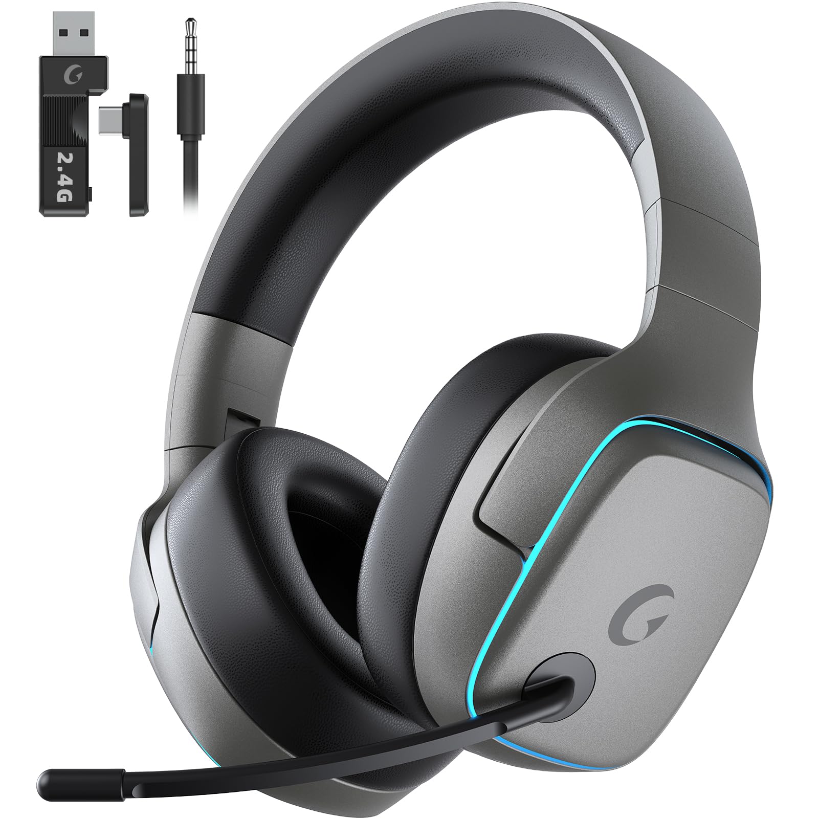 Gvyugke 2.4GHz Wireless Gaming Headsets for PS5, PS4, PC, Switch, SpaceGray | Bluetooth 5.3 Gaming Headphones with Noise Canceling Mic, 7.1 Surround Sound, 70H Battery, Blue Lighting