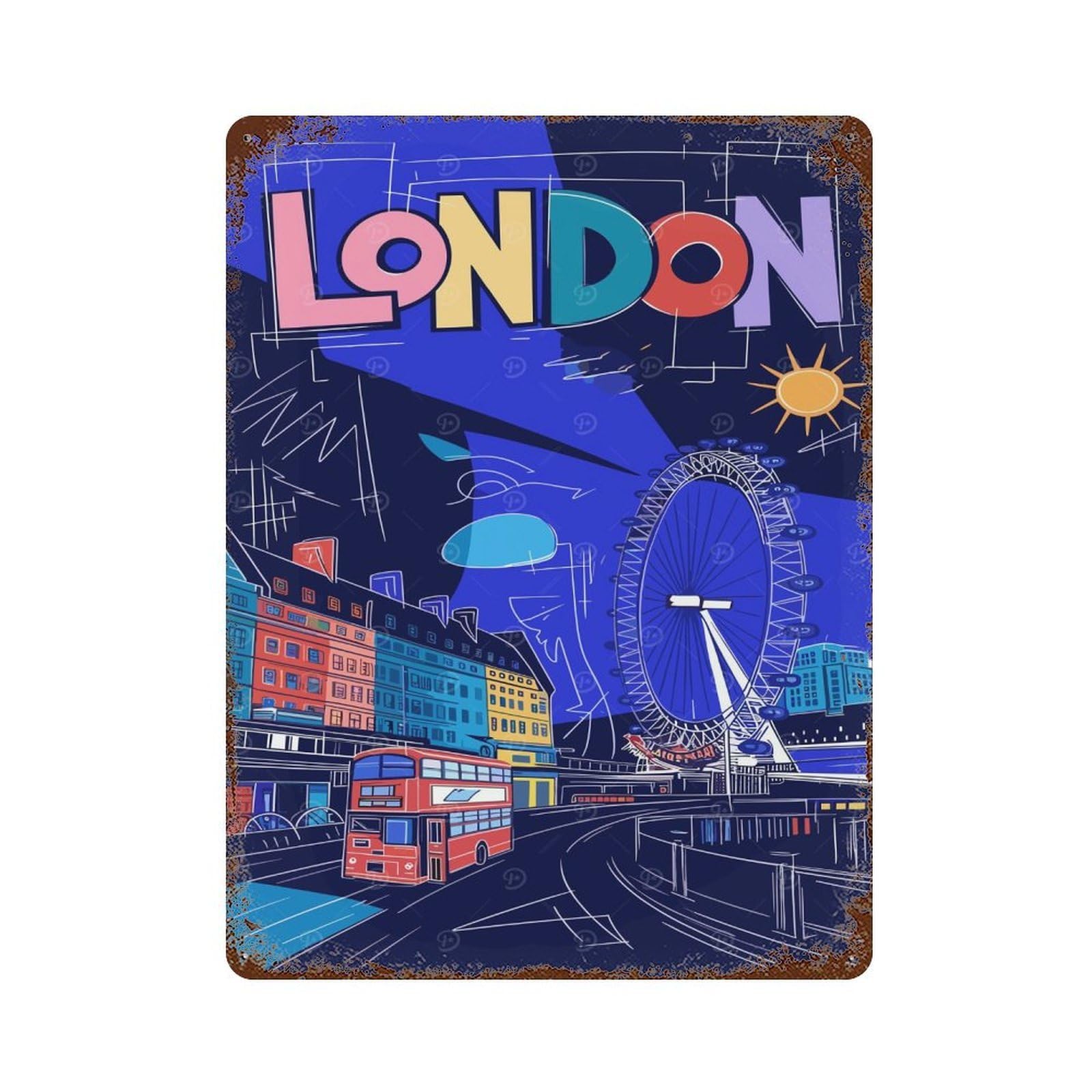 Colorful London Cityscape Illustration Rusty Metal Tin Sign 15.7"x11.8", for Shed, Workshop And Garage Wall Decor, Shabby Chic Decor
