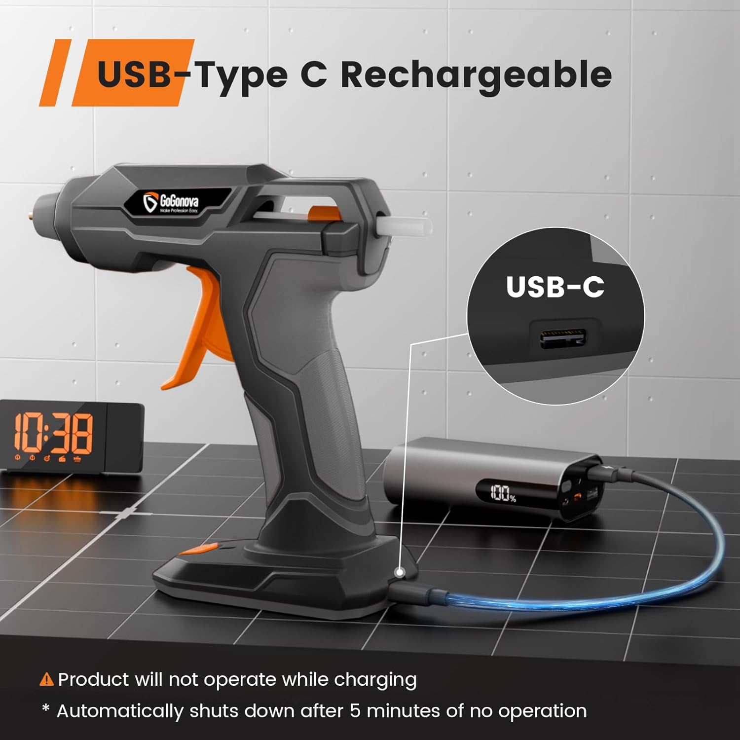 GoGonova glue gun connected to a power bank via USB-C cable, showing charging indicator and automatic shut-off feature.