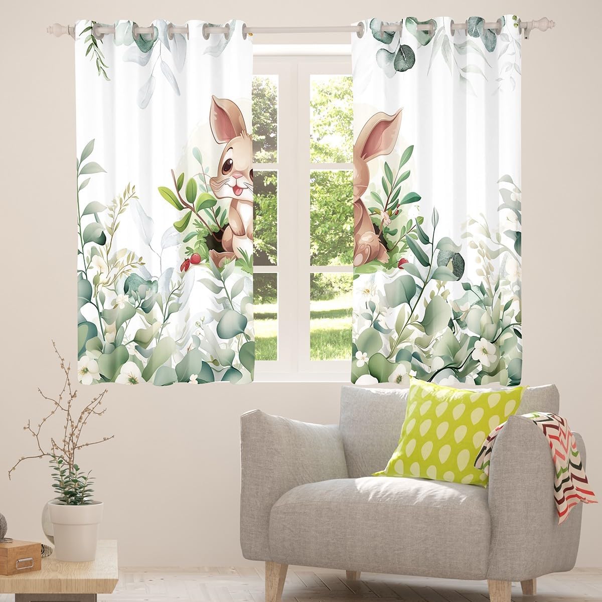 Kawaii Rabbit Blackout Curtains for Boys Girls Cartoon Bunnies Curtains, Eucalyptus Leaves Curtains & Drapes Jungle Wildlife Animals Living Room Curtains, Tropical Botanical Plants Window Curtains