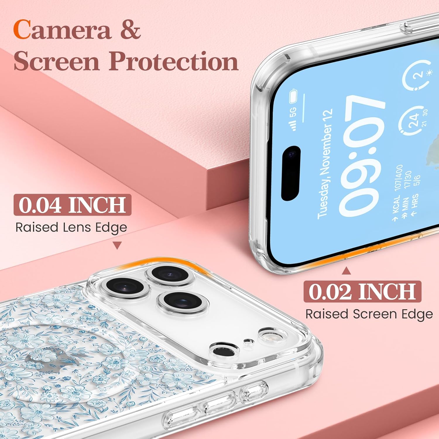 RALEAVO for iPhone 17 Pro Max Case Compatible with MagSafe Clear Floral Pattern Design Cute for Girls Women Slim Magnetic Hard Back Shockproof Phone Case for iPhone 17 Pro Max,Blue Flowers - Image 3